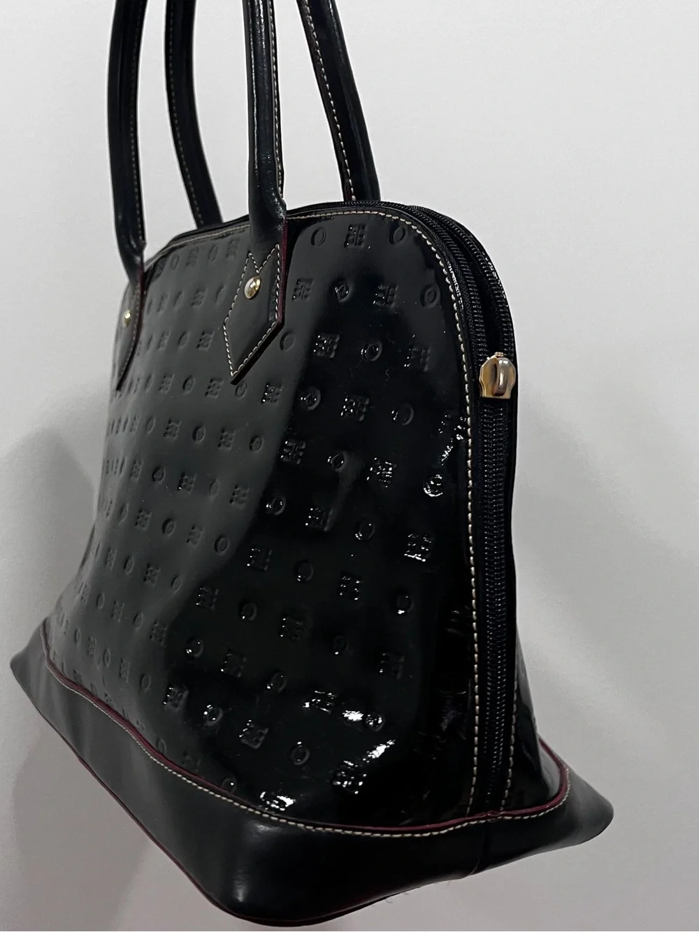 Arcadia Black Patent Leather Embossed Dome Satchel Bag Made in Italy